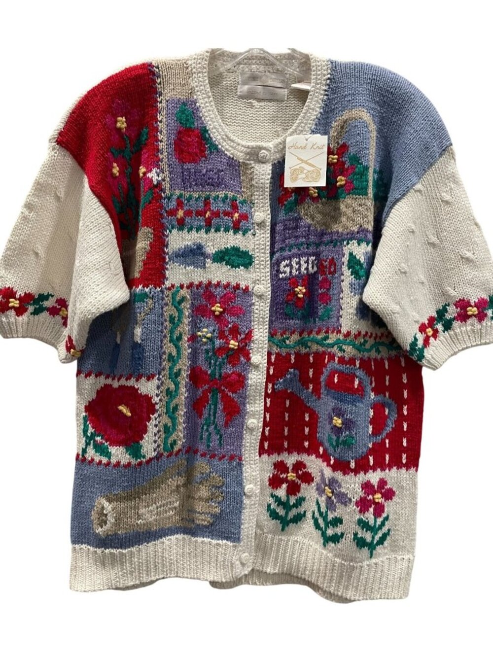 Vintage Hand Knit Embroidered Cardigan Sweater M Cottagecore Prairie Folk Art